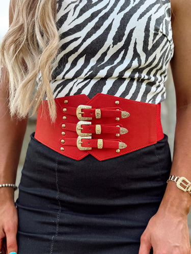 The Triple Buckle Corset—Red
