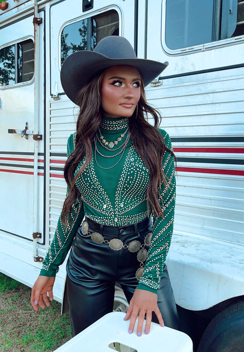 Rhinestone Cowgirl Bodysuit—Green