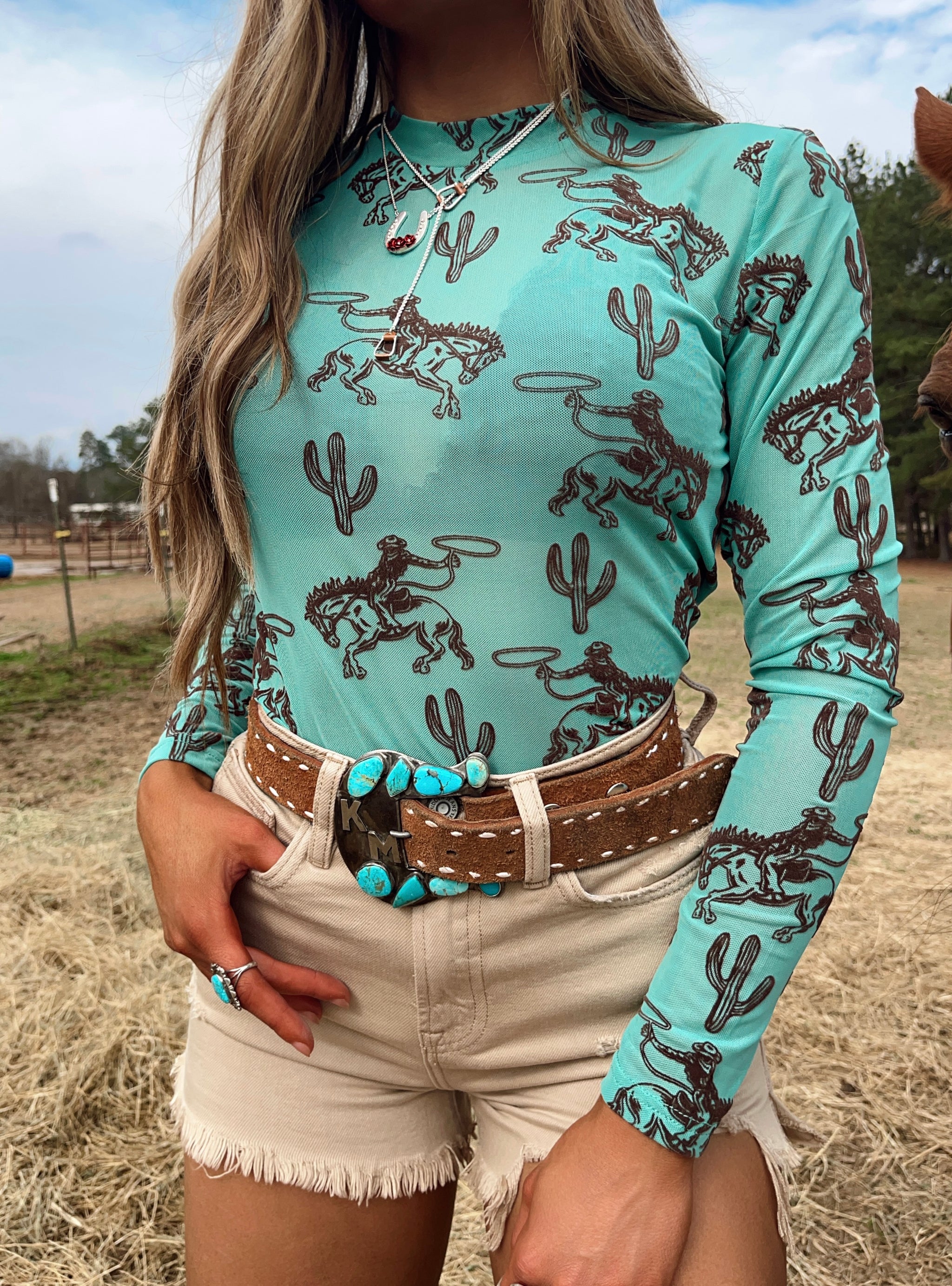 Turquoise Bronc Mesh Top