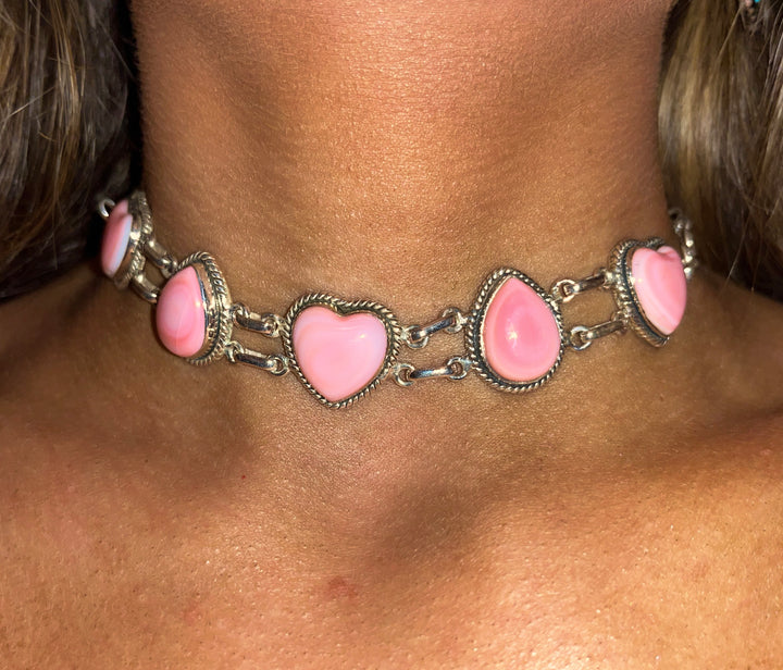 Sterling Silver & Pink Conch Choker & Earrings